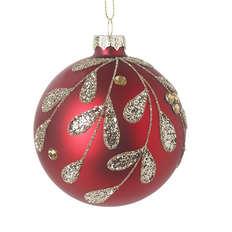 RED GLASS BAUBLE WITH LEAF DESIGN