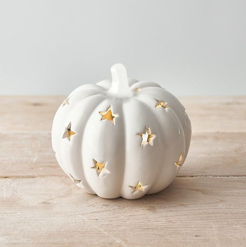 WHITE CERAMIC PUMPKIN CANDLE HOLDER
