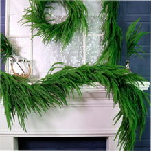 Extra full faux Norfolk pine garland for Christmas mantel styling