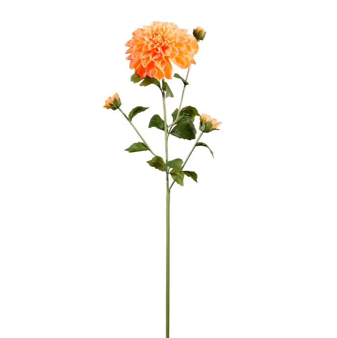 Large real touch dahlia artificial flower stem with full bloom and buds on tall green stem