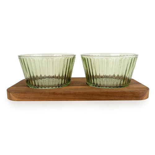 ROUND GLASS DISH SET WITH MANGO WOOD TRAY