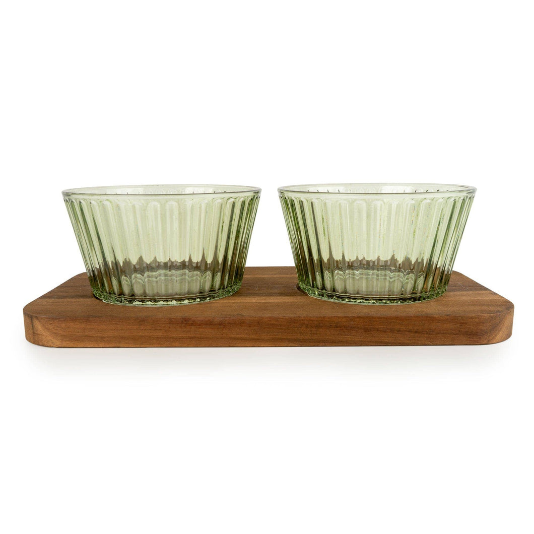 ROUND GLASS DISH SET WITH MANGO WOOD TRAY