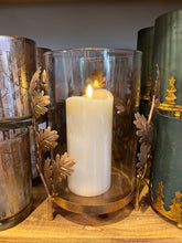 GLASS HURRICANE WITH GOLD ACORNS AND OAK LEAVES