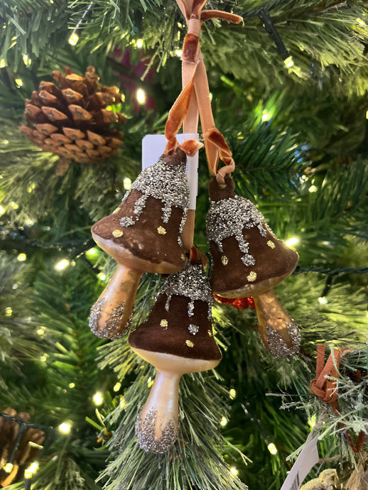 THREE BROWN VELVET GLASS MUSHROOM