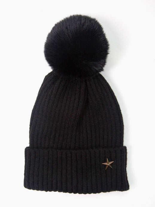 BLACK POM POM HAT WITH STAR
