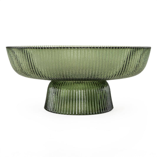 GREEN RIDGED GLASS PEDESTAL BOWL