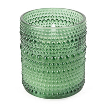 Olive green embossed glass LED candle with a raised textured pattern, photographed on a white background

