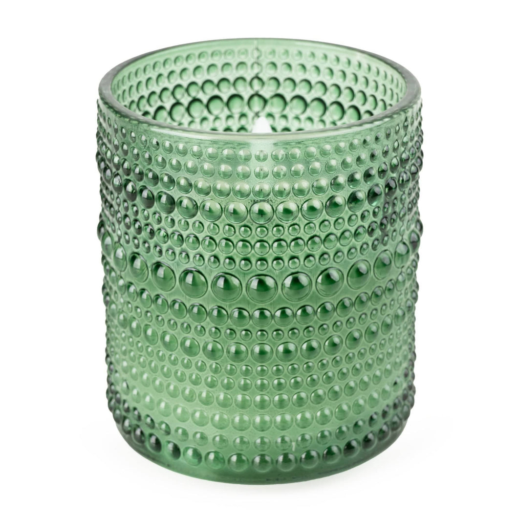 Olive green embossed glass LED candle with a raised textured pattern, photographed on a white background
