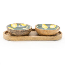 SMALL MANGO WOOD DIPPING BOWLS ON TRAY