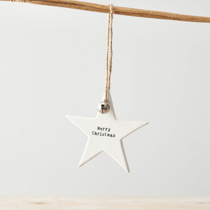 White porcelain star hanger with embossed “Merry Christmas” text, 8.5cm with jute string – festive ornament