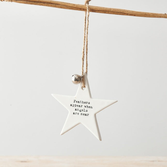 HANGING CERAMIC STAR- FEATHERS APPEAR WHEN ANGELS ARE NEAR