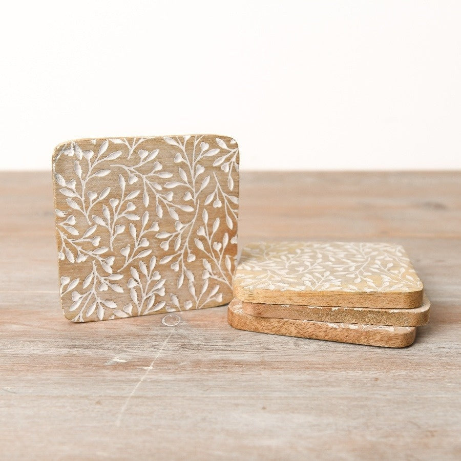 WHITE LEAF WOODEN COASTER SET
