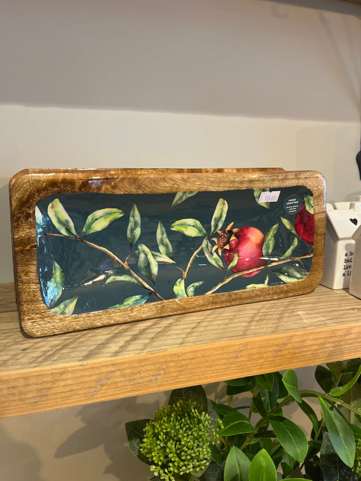 POMEGRANATE GREEN ENAMELLED MANGO WOOD TRAY
