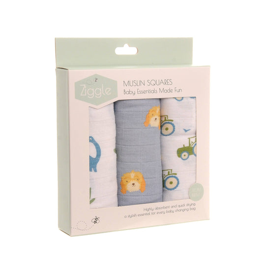 BLUE DINO, DOG & TRACTOR MUSLIN SET