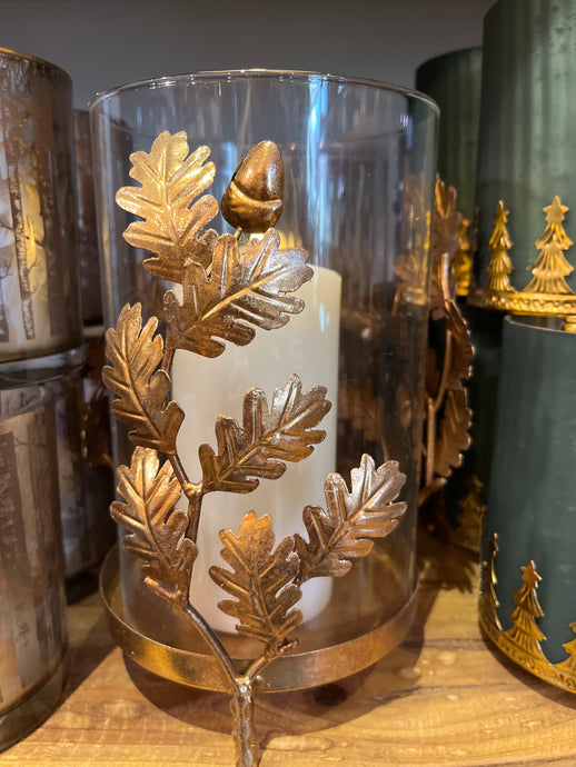 GLASS HURRICANE WITH GOLD ACORNS AND OAK LEAVES