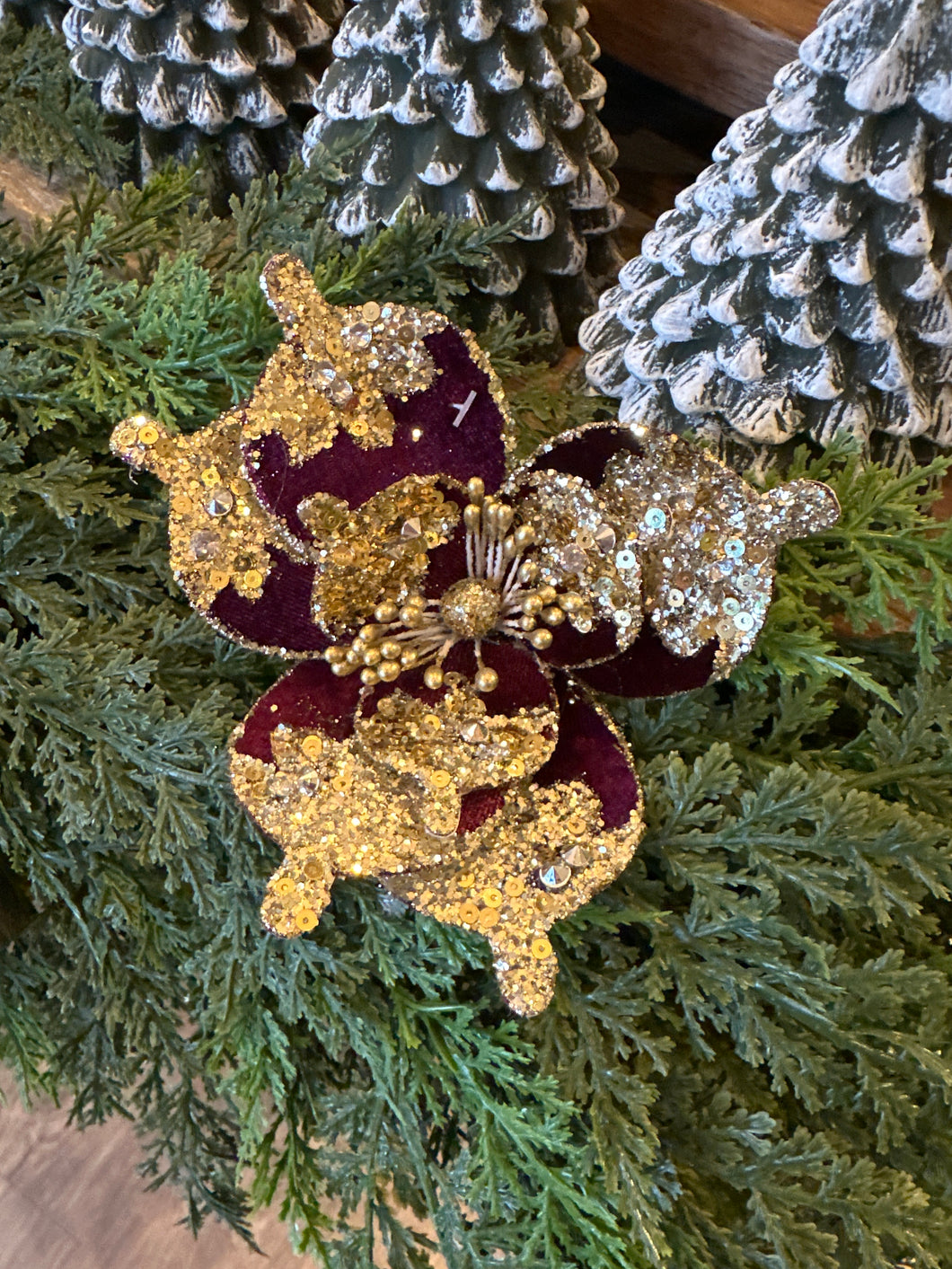 BURGANDY VELVET JEWELLED CLIP ON FLOWER