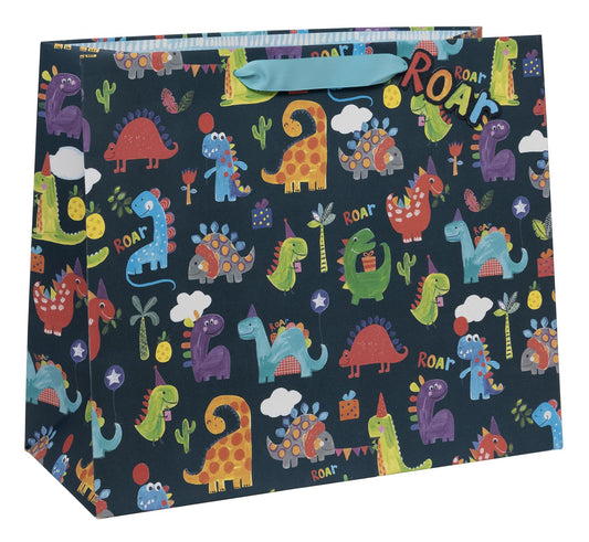 Glossy gift bag with colourful dinosaur pattern on a dark background