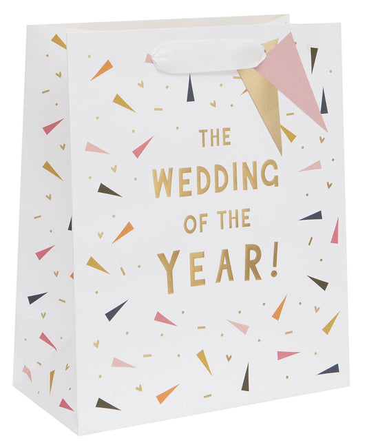 Gift bag with 'The Wedding of the Year!' text and confetti design