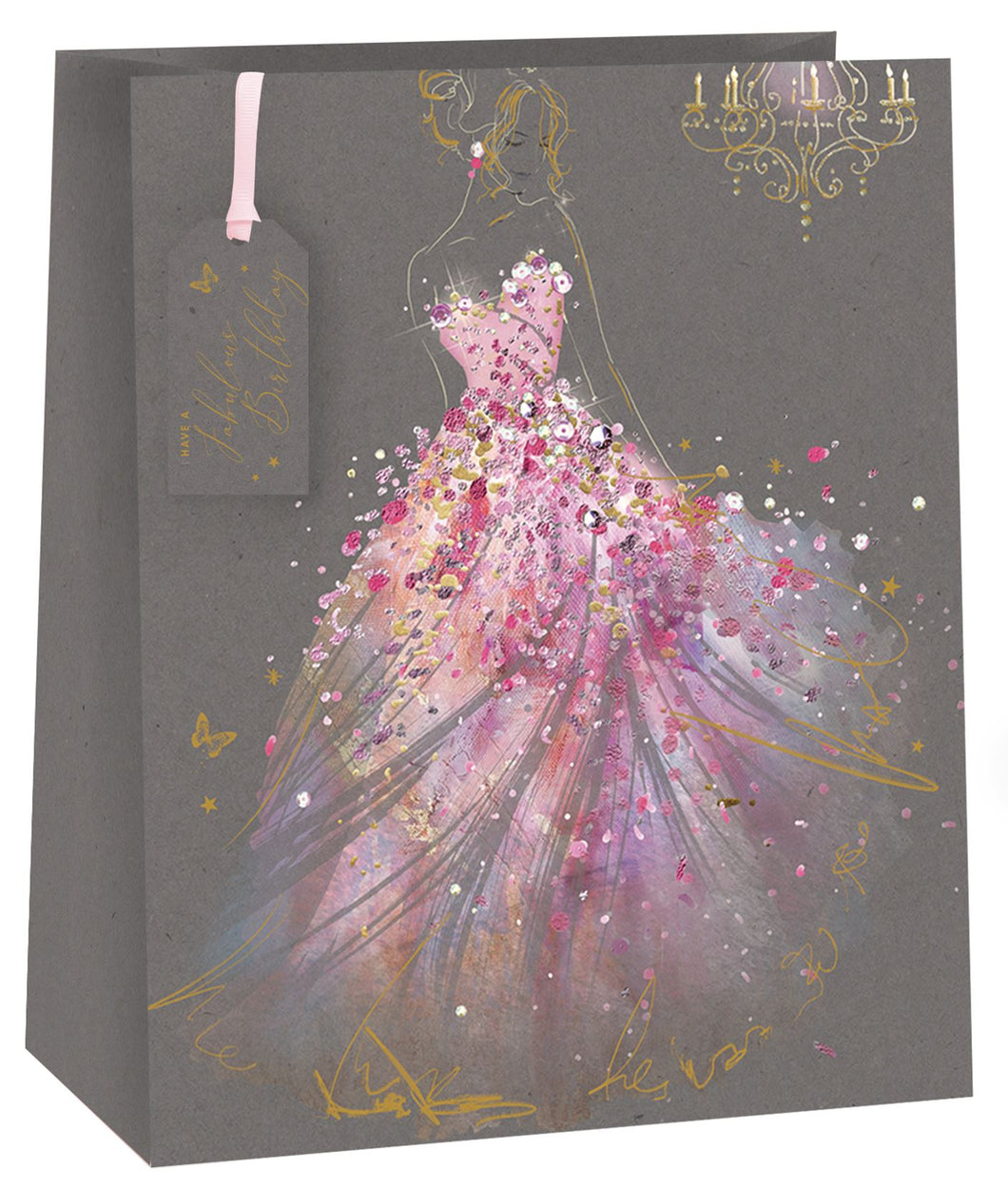 Gift bag with a colorful dress design on a gray background