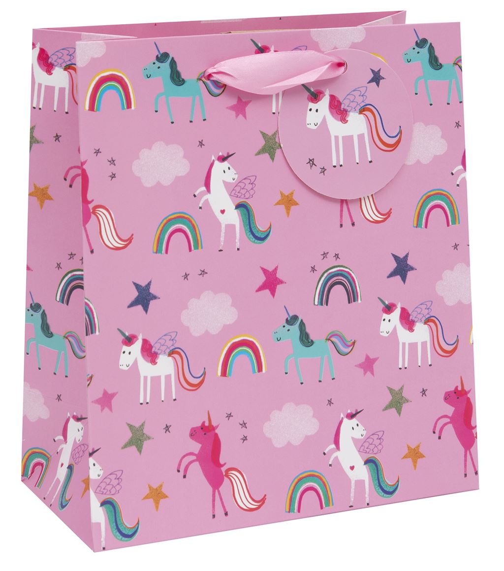 Pink gift bag with unicorn and rainbow pattern