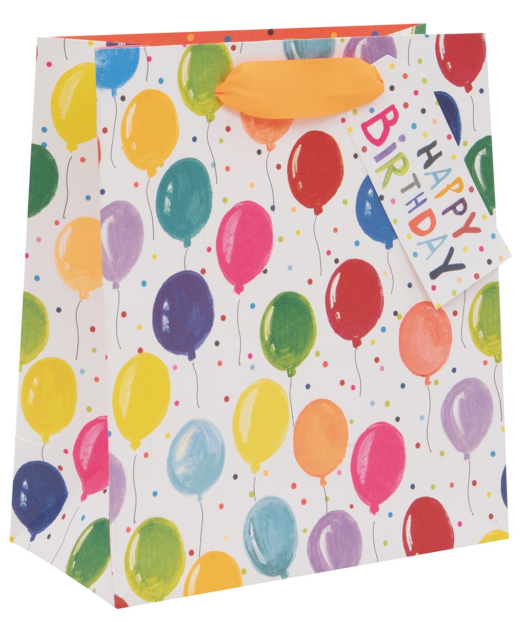 Gift bag with colorful balloons and 'Happy Birthday' text on a white background