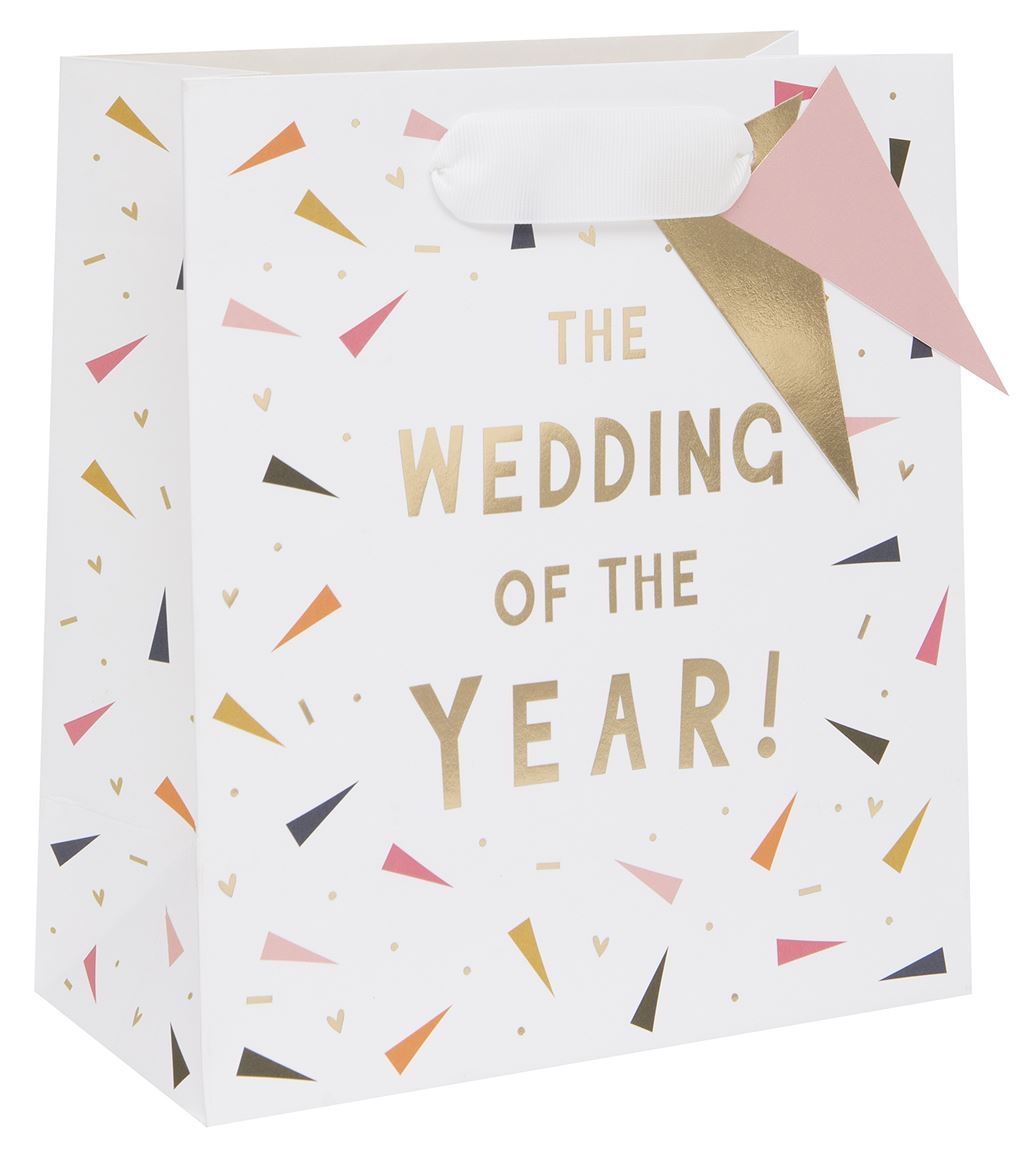 Gift bag with 'The Wedding of the Year!' text and confetti design