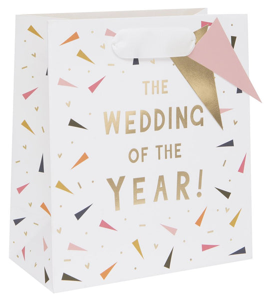 Gift bag with 'The Wedding of the Year!' text and confetti design