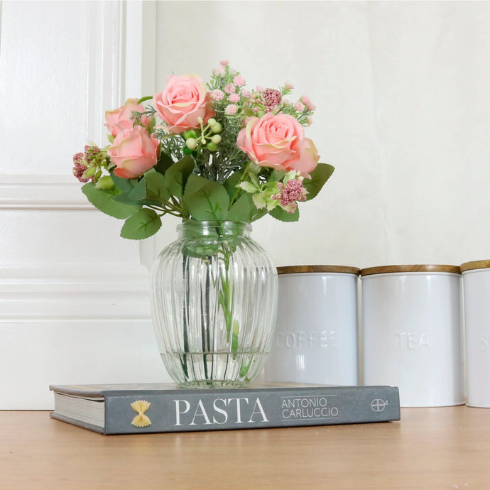 AMELIA PINK FLORAL BOUQUET IN RIBBED GLASS VASE