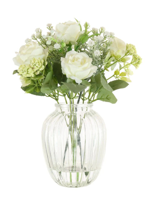 AMELIA WHITE FLORAL BOUQUET IN RIBBED GLASS VASE