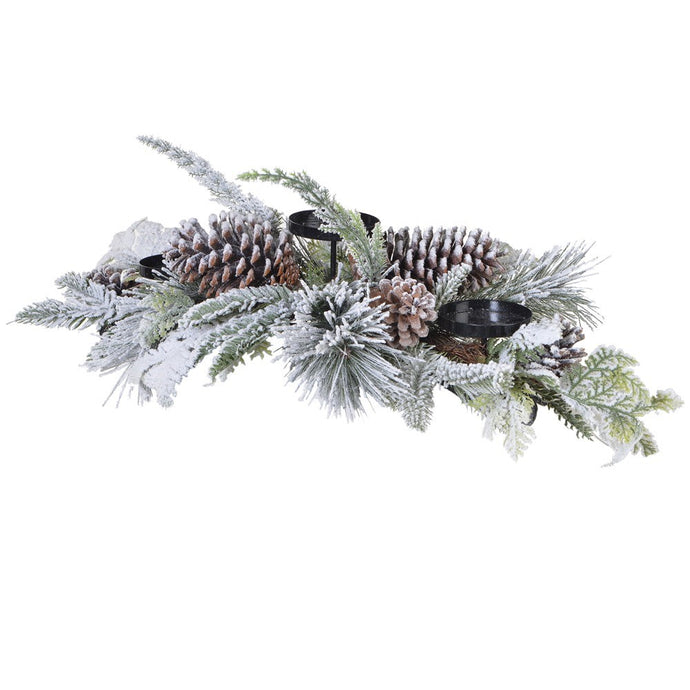 SNOWY CANDLE STAND WITH PINECONES