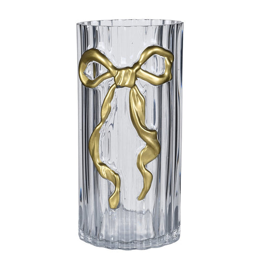 GLASS RIBBED CANDLE HOLDER WITH GOLD BOW DETAIL
