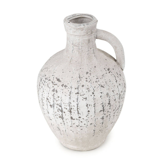 Large round ceramic jug vase with a distressed speckled stone grey finish and a small side handle, photographed on a white background