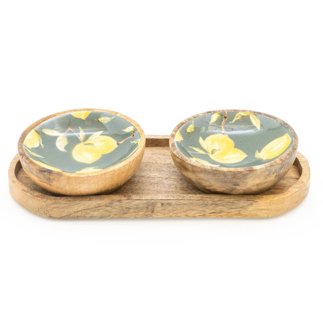 SMALL MANGO WOOD DIPPING BOWLS ON TRAY