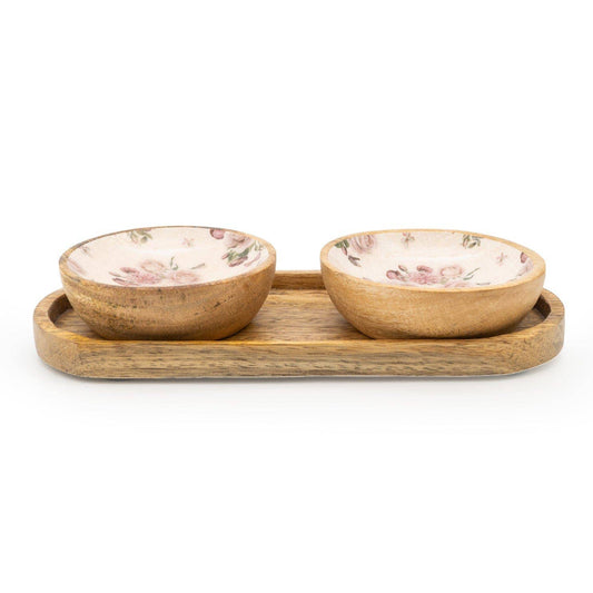 VINTAGE ROSE MANGO WOOD DIPPING BOWL SET