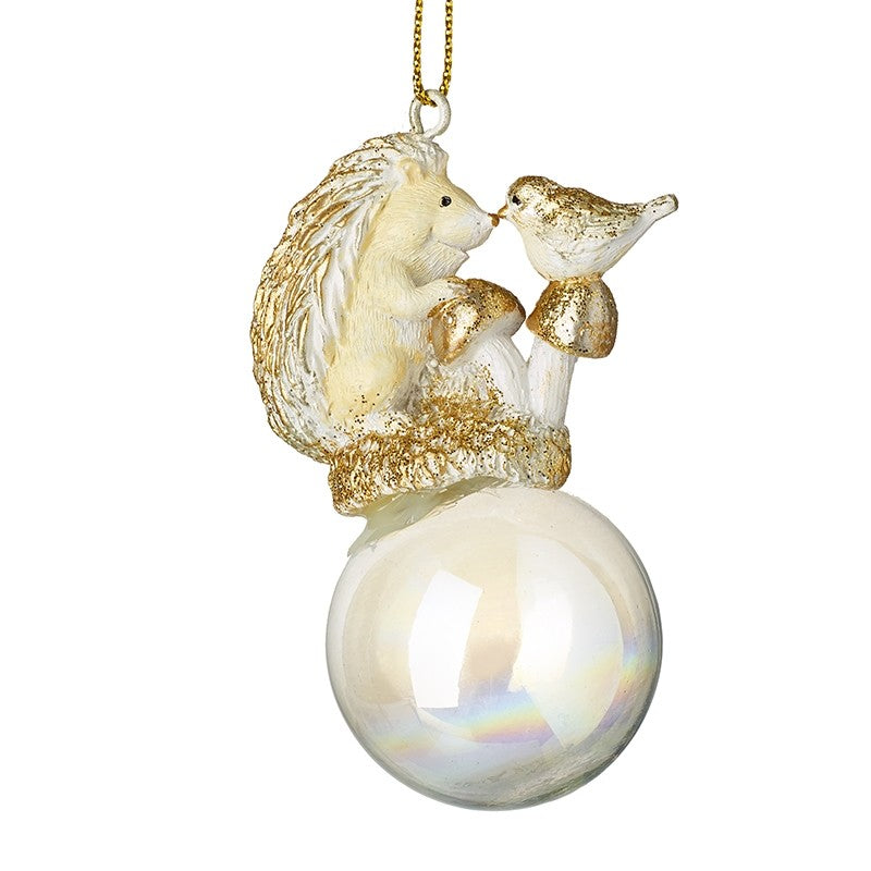 HANGING BAUBLE WITH GOLD HEDGEHOG & BIRD
