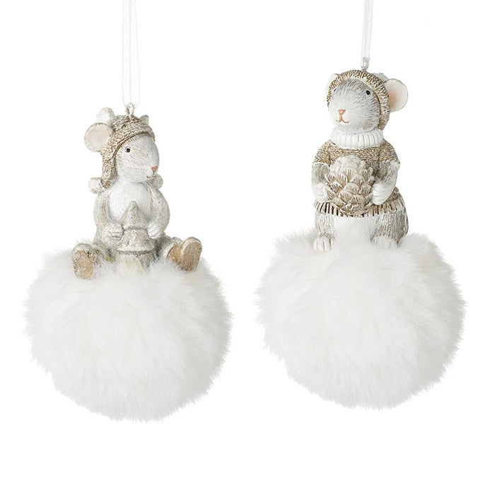 HANGING MOUSE SITTING ON FLUFFY POM POM