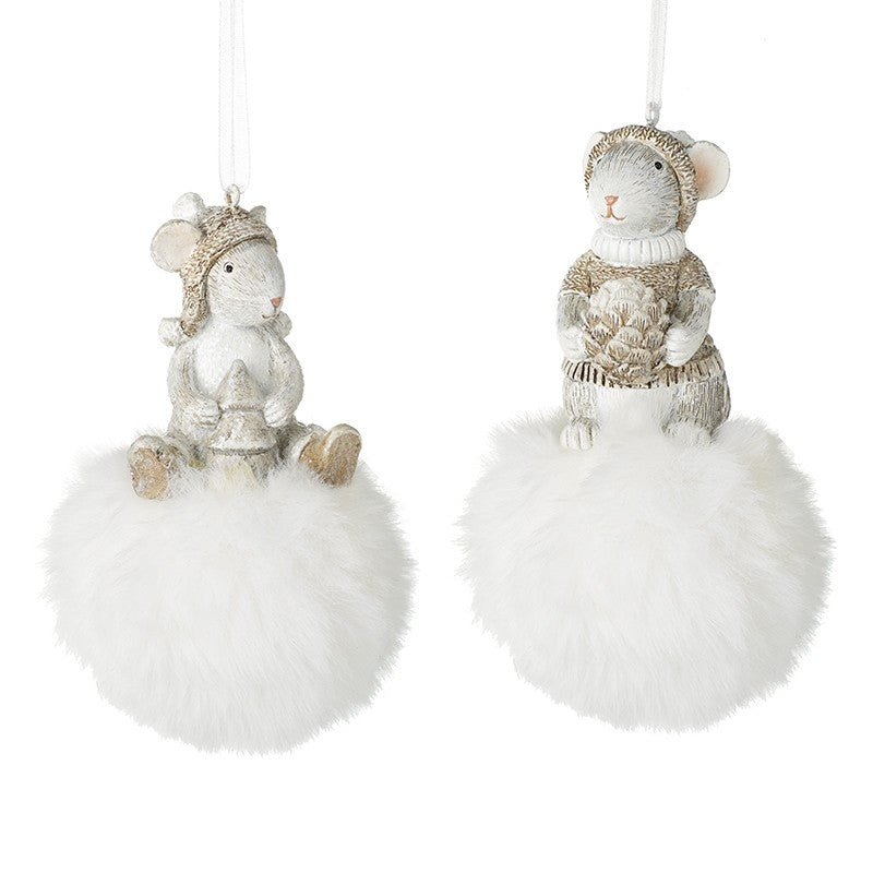 HANGING MOUSE SITTING ON FLUFFY POM POM