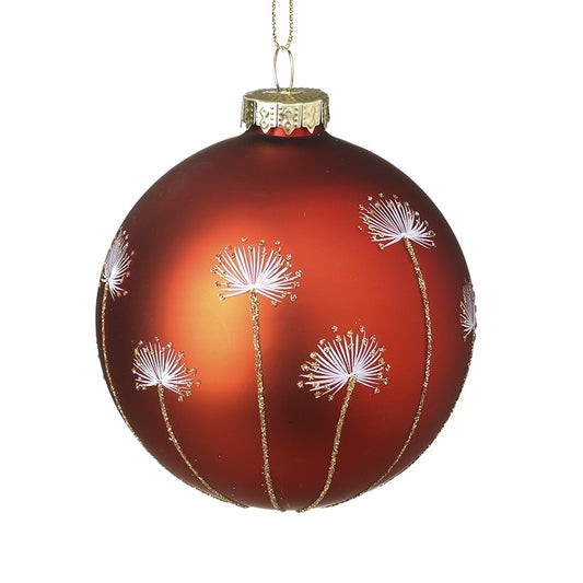 RED GLASS BAUBLE WITH DANDELION DESIGN