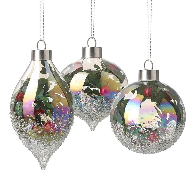 IRREDESCENT GLASS BAUBLE WITH BERRIES AND FOLIAGE
