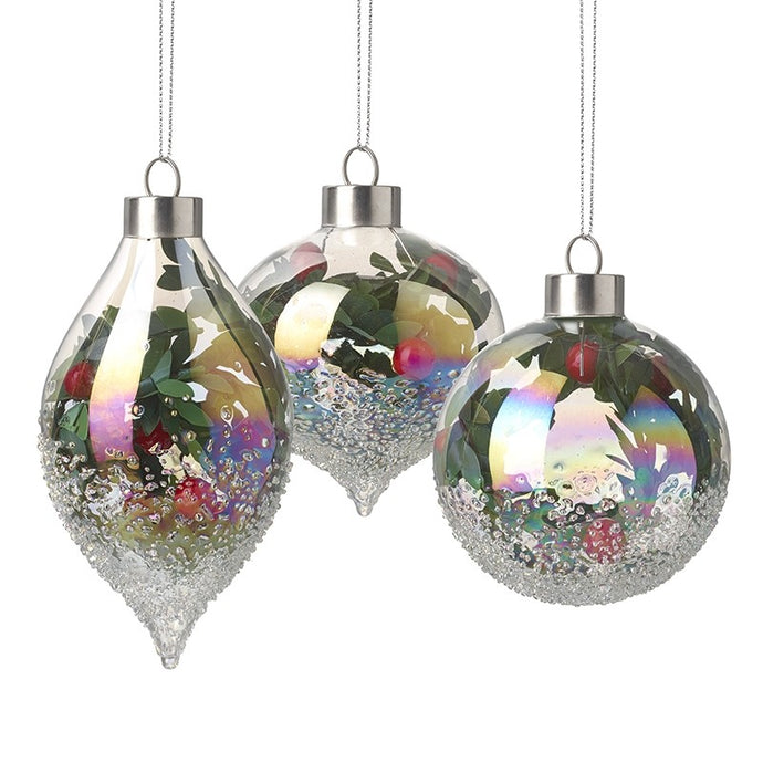 IRREDESCENT GLASS BAUBLE WITH BERRIES AND FOLIAGE