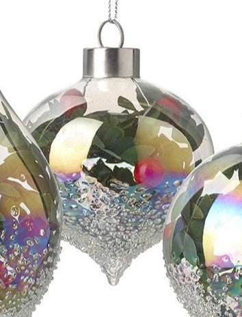 IRREDESCENT GLASS BAUBLE WITH BERRIES AND FOLIAGE