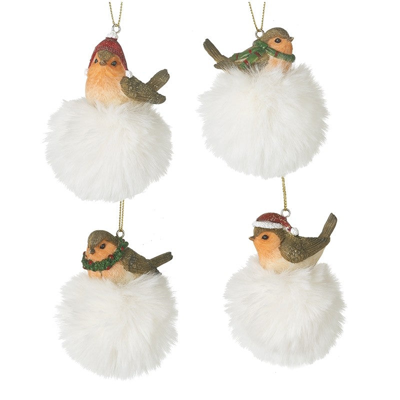 ROBIN ON FLUFFY BALL HANGING DECORATION