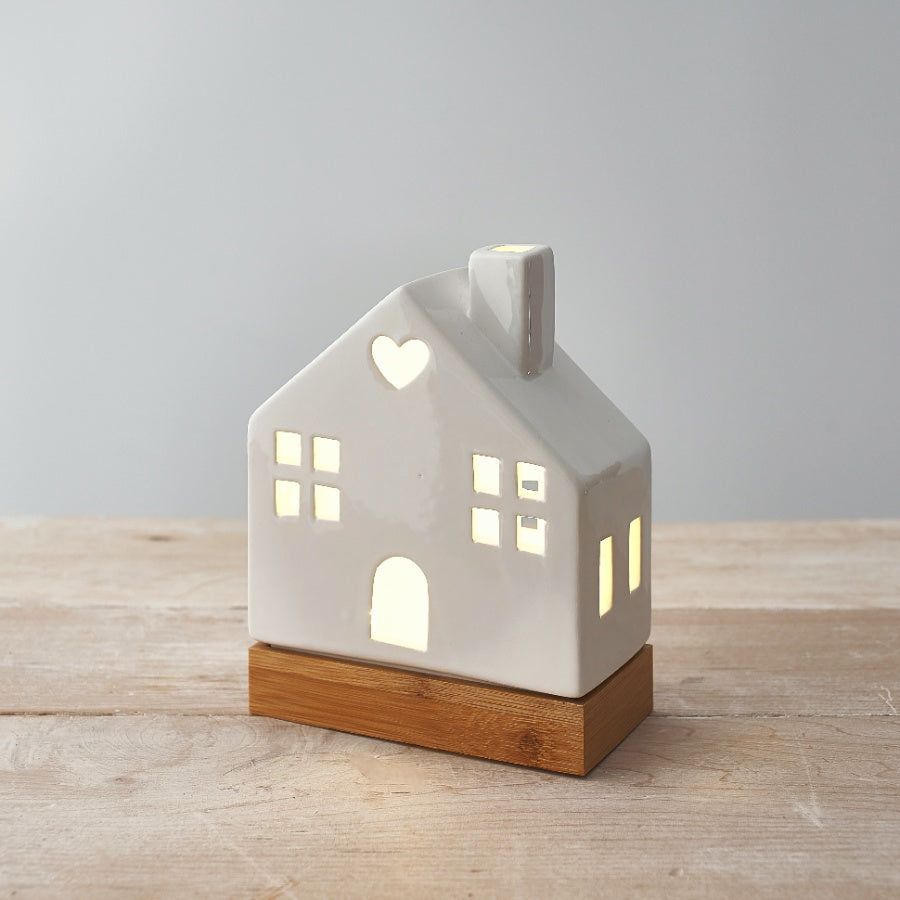 WHITE CERAMIC LED HOUSE WITH WOODEN BASE