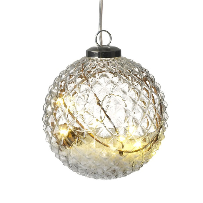 GLASS LIGHT UP BAUBLE WITH TWIGS AND SNOW