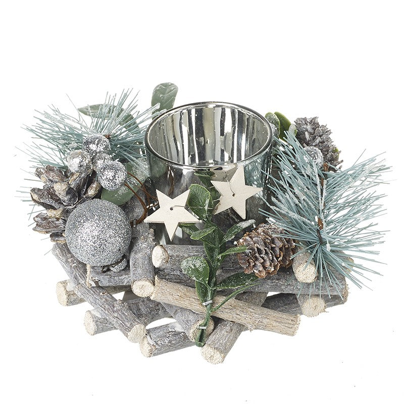 T LIGHT HOLDER WITH SILVER BAUBLES