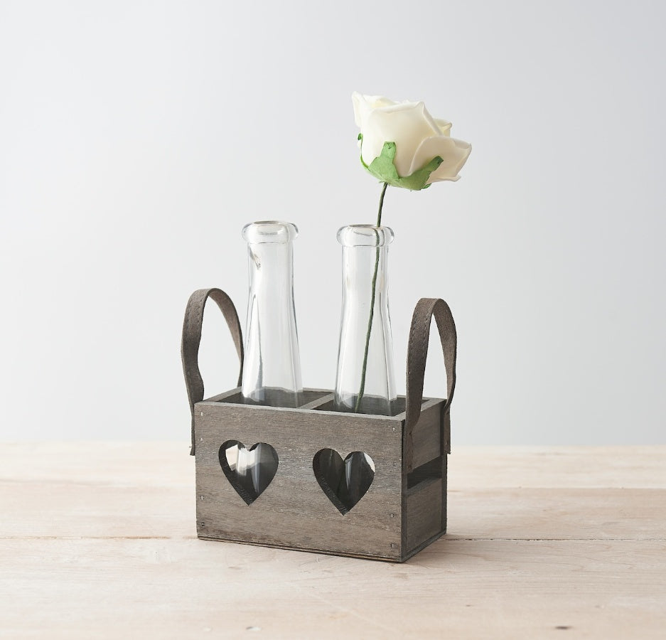 GREY WOODEN HEART TRAY WITH BOTTLES